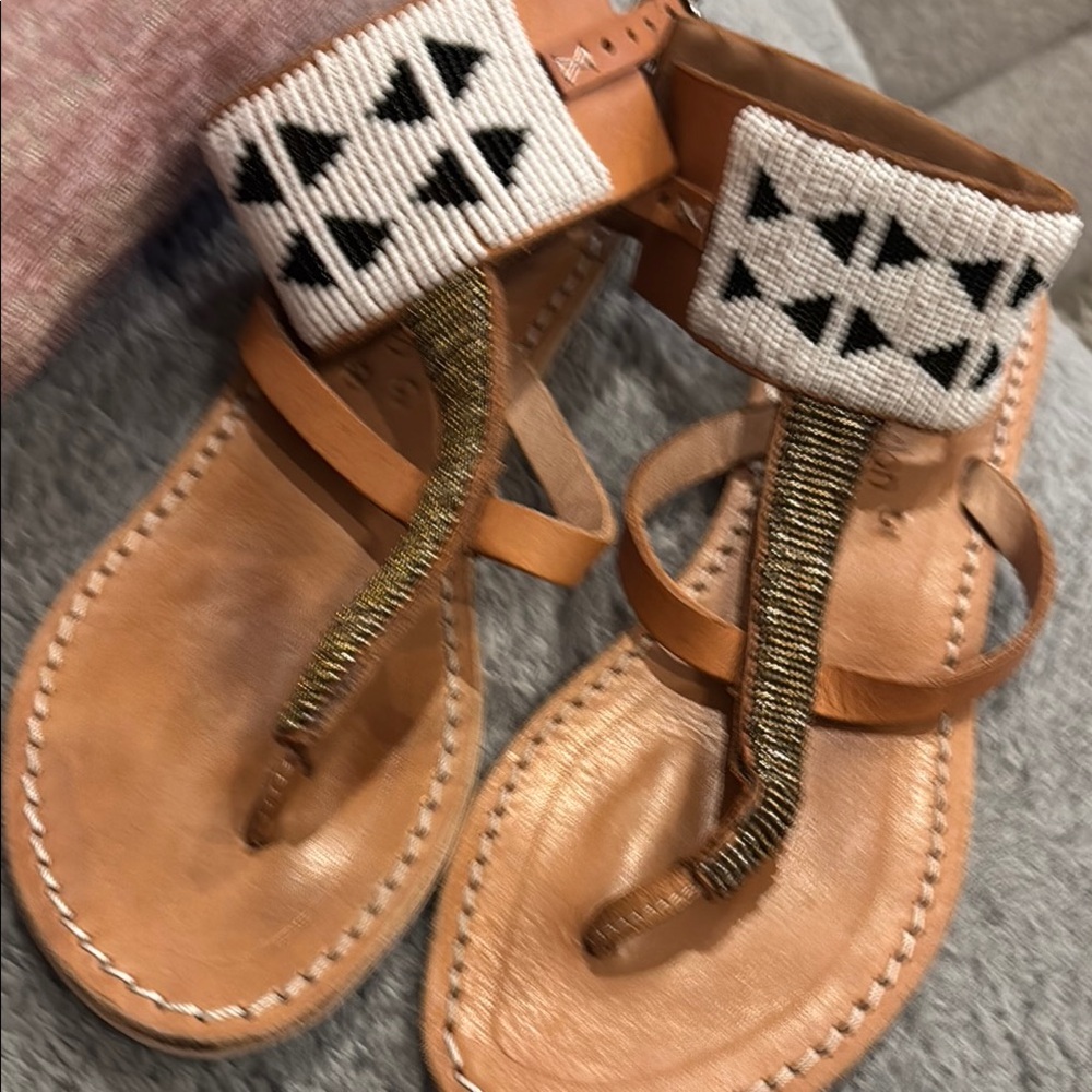 Laidbacklondon Tan and Black Sandals with Geometric Ankle Cuff beaded